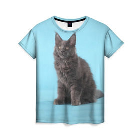Женская футболка 3D с принтом Кот мейн кун в Петрозаводске, 100% полиэфир ( синтетическое хлопкоподобное полотно) | прямой крой, круглый вырез горловины, длина до линии бедер | котенок | мейнкун
