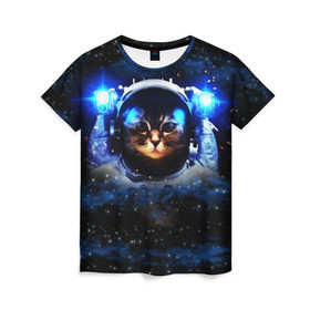 Женская футболка 3D с принтом Кот космонавт в Петрозаводске, 100% полиэфир ( синтетическое хлопкоподобное полотно) | прямой крой, круглый вырез горловины, длина до линии бедер | звёздное небо | космос | кот | кошка | прикольные картинки