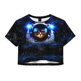 Женская футболка 3D укороченная с принтом Кот космонавт в Петрозаводске, 100% полиэстер | круглая горловина, длина футболки до линии талии, рукава с отворотами | звёздное небо | космос | кот | кошка | прикольные картинки