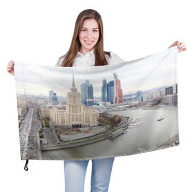 Флаг 3D с принтом Москва-Сити в Петрозаводске, 100% полиэстер | плотность ткани — 95 г/м2, размер — 67 х 109 см. Принт наносится с одной стороны | 