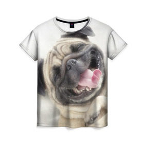 Женская футболка 3D с принтом Смешная собачка в Петрозаводске, 100% полиэфир ( синтетическое хлопкоподобное полотно) | прямой крой, круглый вырез горловины, длина до линии бедер | прикол | смешная | смешно | собака | язык