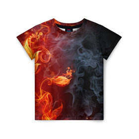 Детская футболка 3D с принтом Стихия огня в Петрозаводске, 100% гипоаллергенный полиэфир | прямой крой, круглый вырез горловины, длина до линии бедер, чуть спущенное плечо, ткань немного тянется | Тематика изображения на принте: дым | пламя | страсть