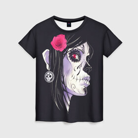 Женская футболка 3D с принтом День мертвецов в Петрозаводске, 100% полиэфир ( синтетическое хлопкоподобное полотно) | прямой крой, круглый вырез горловины, длина до линии бедер | mexi | день мертвых | мексика | мексиканский череп | мертвецов | орнамент | праздник | узоры | цветы