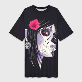 Платье-футболка 3D с принтом День мертвецов в Петрозаводске,  |  | mexi | день мертвых | мексика | мексиканский череп | мертвецов | орнамент | праздник | узоры | цветы