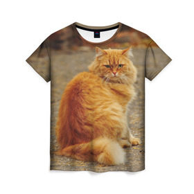 Женская футболка 3D с принтом Рыжий кот в Петрозаводске, 100% полиэфир ( синтетическое хлопкоподобное полотно) | прямой крой, круглый вырез горловины, длина до линии бедер | коты | кошки