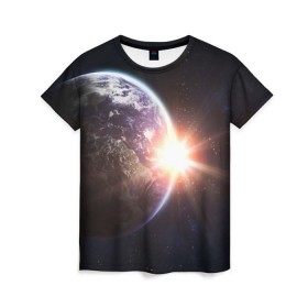 Женская футболка 3D с принтом Космический свет в Петрозаводске, 100% полиэфир ( синтетическое хлопкоподобное полотно) | прямой крой, круглый вырез горловины, длина до линии бедер | вселенная | галактика | земля | солнце