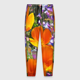 Мужские брюки 3D с принтом Оранжевые цветы в Петрозаводске, 100% полиэстер | манжеты по низу, эластичный пояс регулируется шнурком, по бокам два кармана без застежек, внутренняя часть кармана из мелкой сетки | лепестки | прикольные картинки | цветочки | цветы
