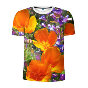 Мужская футболка 3D спортивная с принтом Оранжевые цветы в Петрозаводске, 100% полиэстер с улучшенными характеристиками | приталенный силуэт, круглая горловина, широкие плечи, сужается к линии бедра | лепестки | прикольные картинки | цветочки | цветы
