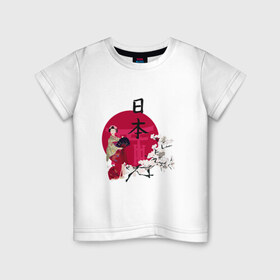 Детская футболка хлопок с принтом Гейша в Петрозаводске, 100% хлопок | круглый вырез горловины, полуприлегающий силуэт, длина до линии бедер | иероглиф | сакура | япония