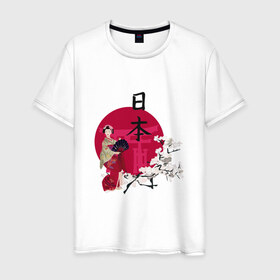 Мужская футболка хлопок с принтом Гейша в Петрозаводске, 100% хлопок | прямой крой, круглый вырез горловины, длина до линии бедер, слегка спущенное плечо. | иероглиф | сакура | япония