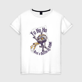 Женская футболка хлопок с принтом Флинт в Петрозаводске, 100% хлопок | прямой крой, круглый вырез горловины, длина до линии бедер, слегка спущенное плечо | белый | бутылка рома | йо хо хо | кости | пират | ром | череп