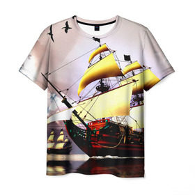 Мужская футболка 3D с принтом Фрегат в Петрозаводске, 100% полиэфир | прямой крой, круглый вырез горловины, длина до линии бедер | вмф | исторический | корабль | море | океан | парусник