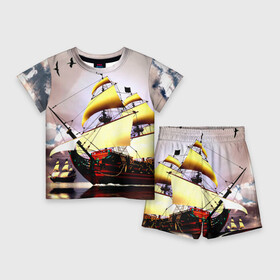 Детский костюм с шортами 3D с принтом Фрегат в Петрозаводске,  |  | вмф | исторический | корабль | море | океан | парусник