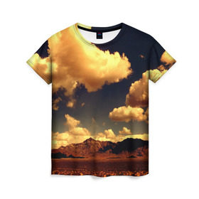Женская футболка 3D с принтом Mountains в Петрозаводске, 100% полиэфир ( синтетическое хлопкоподобное полотно) | прямой крой, круглый вырез горловины, длина до линии бедер | горы | небо | облака | природа | пустыня