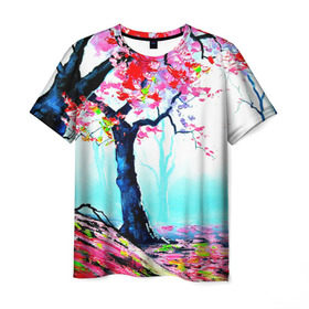 Мужская футболка 3D с принтом Сакура в Петрозаводске, 100% полиэфир | прямой крой, круглый вырез горловины, длина до линии бедер | весна | живопись | сакура | япония