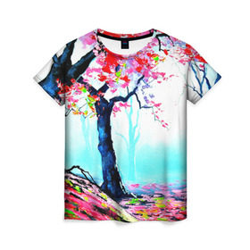 Женская футболка 3D с принтом Сакура в Петрозаводске, 100% полиэфир ( синтетическое хлопкоподобное полотно) | прямой крой, круглый вырез горловины, длина до линии бедер | весна | живопись | сакура | япония