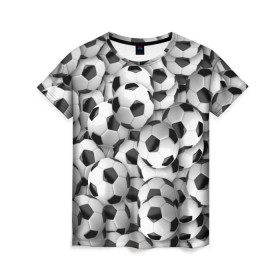Женская футболка 3D с принтом Футбольные мячи в Петрозаводске, 100% полиэфир ( синтетическое хлопкоподобное полотно) | прямой крой, круглый вырез горловины, длина до линии бедер | мяч | спорт | футбол | футбольные