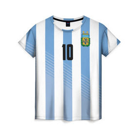 Женская футболка 3D с принтом Месси (сборная Аргентины) в Петрозаводске, 100% полиэфир ( синтетическое хлопкоподобное полотно) | прямой крой, круглый вырез горловины, длина до линии бедер | Тематика изображения на принте: barcelona | lionel | messi | аргентина | барселона | кубок | лионель | мира | сборная | футбол