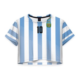 Женская футболка 3D укороченная с принтом Месси (сборная Аргентины) в Петрозаводске, 100% полиэстер | круглая горловина, длина футболки до линии талии, рукава с отворотами | barcelona | lionel | messi | аргентина | барселона | кубок | лионель | мира | сборная | футбол