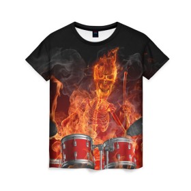 Женская футболка 3D с принтом Огненный скелет в Петрозаводске, 100% полиэфир ( синтетическое хлопкоподобное полотно) | прямой крой, круглый вырез горловины, длина до линии бедер | арт | дум | иллюзия | краска | лучи | огонь | пламя | прикольные | свет | текстуры