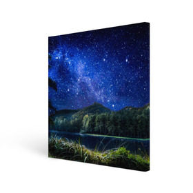 Холст квадратный с принтом Звездная ночь в Петрозаводске, 100% ПВХ |  | галактика | горы | звезды | космос | лес | ночь | озеро | сосны | тайга