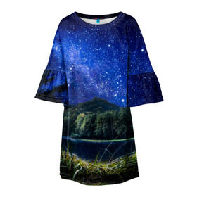 Детское платье 3D с принтом Звездная ночь в Петрозаводске, 100% полиэстер | прямой силуэт, чуть расширенный к низу. Круглая горловина, на рукавах — воланы | Тематика изображения на принте: галактика | горы | звезды | космос | лес | ночь | озеро | сосны | тайга