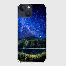 Чехол для iPhone 13 mini с принтом Звездная ночь в Петрозаводске,  |  | галактика | горы | звезды | космос | лес | ночь | озеро | сосны | тайга