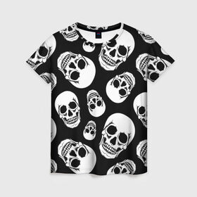 Женская футболка 3D с принтом Черепа в Петрозаводске, 100% полиэфир ( синтетическое хлопкоподобное полотно) | прямой крой, круглый вырез горловины, длина до линии бедер | белый | паттерн | черно белый | черный