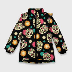 Зимняя куртка для девочек 3D с принтом День мертвецов в Петрозаводске, ткань верха — 100% полиэстер; подклад — 100% полиэстер, утеплитель — 100% полиэстер. | длина ниже бедра, удлиненная спинка, воротник стойка и отстегивающийся капюшон. Есть боковые карманы с листочкой на кнопках, утяжки по низу изделия и внутренний карман на молнии. 

Предусмотрены светоотражающий принт на спинке, радужный светоотражающий элемент на пуллере молнии и на резинке для утяжки. | color | day of the dead | dead | death | halloween | holiday | mexican skull | mexico | ornament | pattern | день мертвых | мексика | мексиканский череп | мертвецов | орнамент | праздник | узоры | хэллоуин | цветы