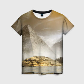 Женская футболка 3D с принтом Egypt в Петрозаводске, 100% полиэфир ( синтетическое хлопкоподобное полотно) | прямой крой, круглый вырез горловины, длина до линии бедер | egypt | египет | закат | золото | клеопатра | мумия | песок | пирамиды | пустыня | солнце