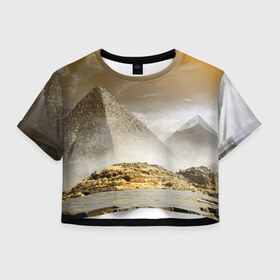 Женская футболка 3D укороченная с принтом Egypt в Петрозаводске, 100% полиэстер | круглая горловина, длина футболки до линии талии, рукава с отворотами | egypt | египет | закат | золото | клеопатра | мумия | песок | пирамиды | пустыня | солнце