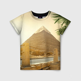 Детская футболка 3D с принтом Egypt в Петрозаводске, 100% гипоаллергенный полиэфир | прямой крой, круглый вырез горловины, длина до линии бедер, чуть спущенное плечо, ткань немного тянется | Тематика изображения на принте: egypt | египет | закат | золото | клеопатра | мумия | песок | пирамиды | пустыня | солнце