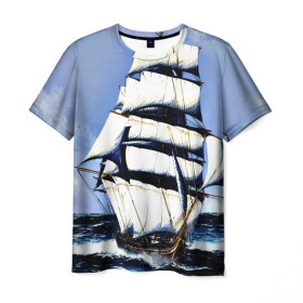 Мужская футболка 3D с принтом Парусник в Петрозаводске, 100% полиэфир | прямой крой, круглый вырез горловины, длина до линии бедер | blue | волны | корабль | море | океан