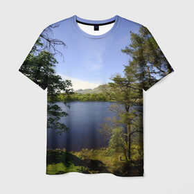 Мужская футболка 3D с принтом сосны в Петрозаводске, 100% полиэфир | прямой крой, круглый вырез горловины, длина до линии бедер | Тематика изображения на принте: берег | горы | лес | море | озеро | океан | сосны | тайга