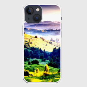 Чехол для iPhone 13 mini с принтом Альпы в Петрозаводске,  |  | Тематика изображения на принте: горы | зелень | лето | природа | солнце | туман
