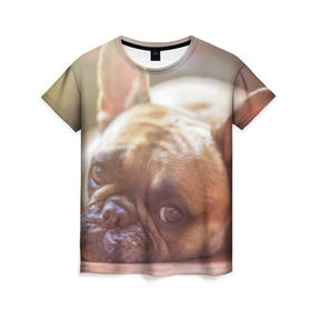 Женская футболка 3D с принтом французский бульдог в Петрозаводске, 100% полиэфир ( синтетическое хлопкоподобное полотно) | прямой крой, круглый вырез горловины, длина до линии бедер | dog | бульдог | друг | собака | язык