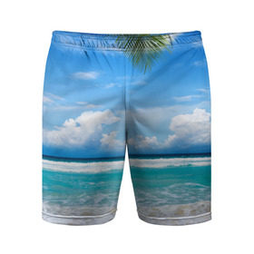 Мужские шорты 3D спортивные с принтом Карибский пляж в Петрозаводске,  |  | волны | лето | море | океан | отдых | пальма | пляж | солнце