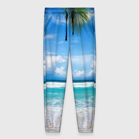 Женские брюки 3D с принтом Карибский пляж в Петрозаводске, полиэстер 100% | прямой крой, два кармана без застежек по бокам, с мягкой трикотажной резинкой на поясе и по низу штанин. В поясе для дополнительного комфорта — широкие завязки | волны | лето | море | океан | отдых | пальма | пляж | солнце