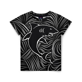 Детская футболка 3D с принтом Акула в в морской пучине в Петрозаводске, 100% гипоаллергенный полиэфир | прямой крой, круглый вырез горловины, длина до линии бедер, чуть спущенное плечо, ткань немного тянется | волна | линия | черный