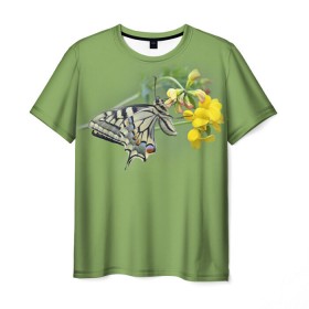 Мужская футболка 3D с принтом Бабочка в Петрозаводске, 100% полиэфир | прямой крой, круглый вырез горловины, длина до линии бедер | Тематика изображения на принте: зеленый | цветы