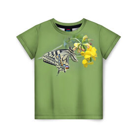 Детская футболка 3D с принтом Бабочка в Петрозаводске, 100% гипоаллергенный полиэфир | прямой крой, круглый вырез горловины, длина до линии бедер, чуть спущенное плечо, ткань немного тянется | зеленый | цветы