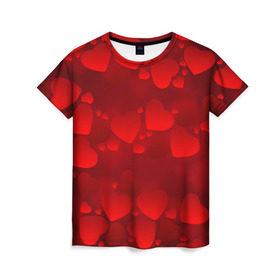 Женская футболка 3D с принтом Красные сердца в Петрозаводске, 100% полиэфир ( синтетическое хлопкоподобное полотно) | прямой крой, круглый вырез горловины, длина до линии бедер | heart | red | любовь | орнамент | сердце | узор