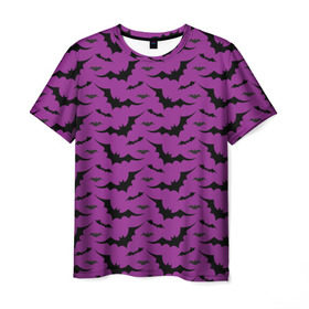 Мужская футболка 3D с принтом Стая летучих мышей в Петрозаводске, 100% полиэфир | прямой крой, круглый вырез горловины, длина до линии бедер | Тематика изображения на принте: bat | классно | круто | летучая | мышь | стильно | текстура | фиолетовый | фон | черный