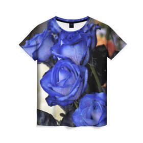 Женская футболка 3D с принтом Синие розы в Петрозаводске, 100% полиэфир ( синтетическое хлопкоподобное полотно) | прямой крой, круглый вырез горловины, длина до линии бедер | Тематика изображения на принте: девушкам | розы | синие | цветы