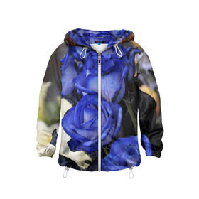 Детская ветровка 3D с принтом Синие розы в Петрозаводске, 100% полиэстер | подол и капюшон оформлены резинкой с фиксаторами, по бокам два кармана без застежек, один потайной карман на груди | девушкам | розы | синие | цветы