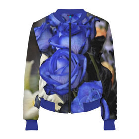 Женский бомбер 3D с принтом Синие розы в Петрозаводске, 100% полиэстер | застегивается на молнию, по бокам два кармана без застежек, мягкие манжеты, по низу бомбера и на воротнике — эластичная резинка | Тематика изображения на принте: девушкам | розы | синие | цветы