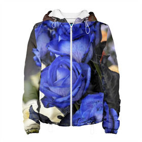 Женская куртка 3D с принтом Синие розы в Петрозаводске, ткань верха — 100% полиэстер, подклад — флис | прямой крой, подол и капюшон оформлены резинкой с фиксаторами, два кармана без застежек по бокам, один большой потайной карман на груди. Карман на груди застегивается на липучку | Тематика изображения на принте: девушкам | розы | синие | цветы