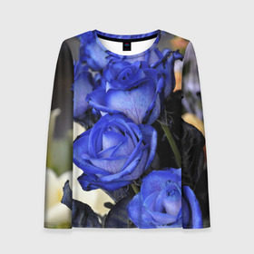 Женский лонгслив 3D с принтом Синие розы в Петрозаводске, 100% полиэстер | длинные рукава, круглый вырез горловины, полуприлегающий силуэт | Тематика изображения на принте: девушкам | розы | синие | цветы