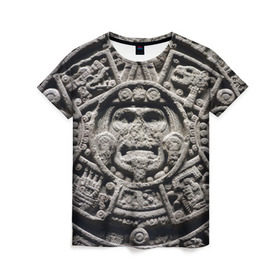 Женская футболка 3D с принтом Календарь ацтеков в Петрозаводске, 100% полиэфир ( синтетическое хлопкоподобное полотно) | прямой крой, круглый вырез горловины, длина до линии бедер | ацтеки | древняя цивилизация | индейцы | майя | южная америка