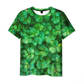 Мужская футболка 3D с принтом клевер в Петрозаводске, 100% полиэфир | прямой крой, круглый вырез горловины, длина до линии бедер | зелень | ирландия | клевер | лето | листья | солнце | цветы